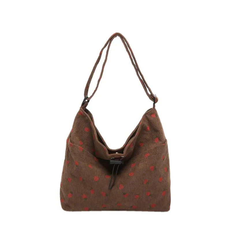 Women Corduroy Shoulder Bag Strawberry Handbag Adjustable Strap Multi-Pocket Work Shopping Bag