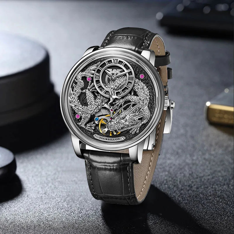 PINDU Design Wristwatches Original Dragon Theme Mechanical Watches Men Celestial Series Curved Mirror Transparent Design Watch