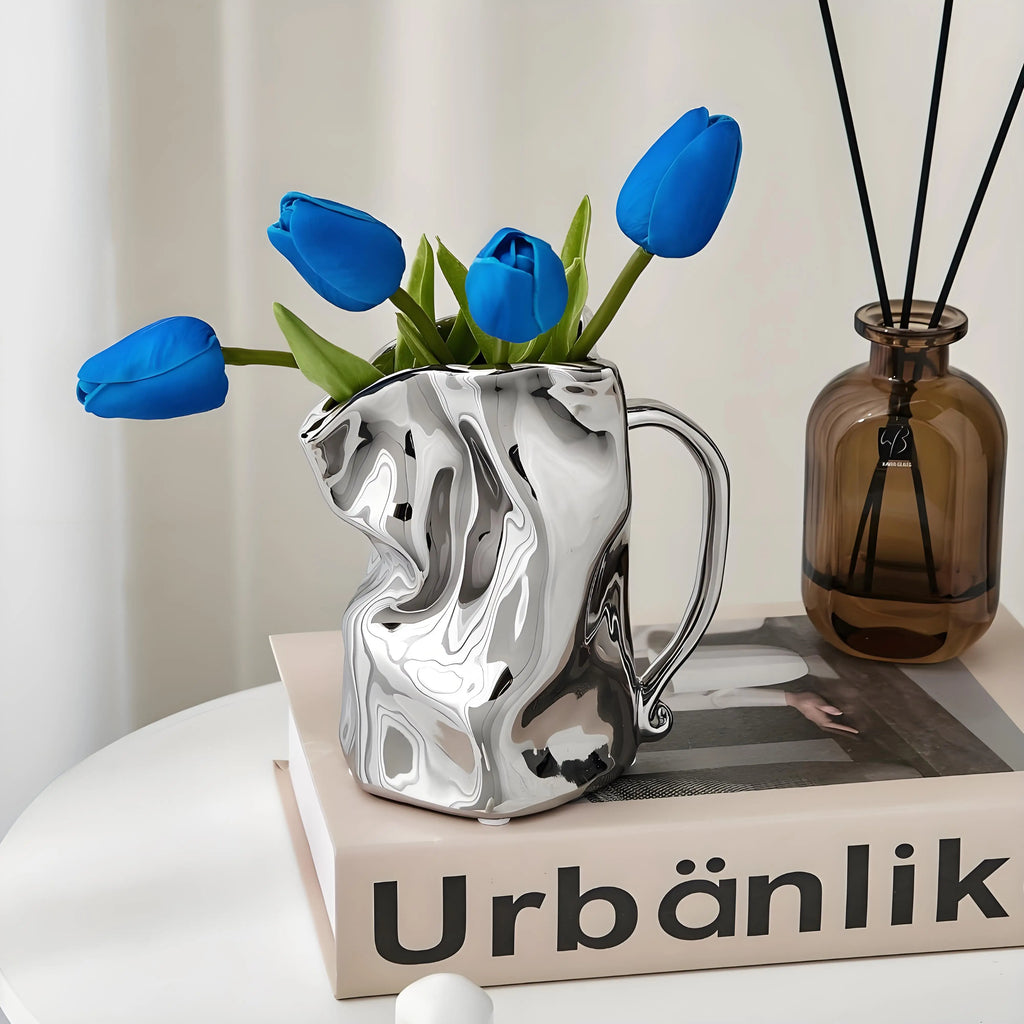 Crinkle Textured Ceramic Vase | Silver Finish Modern Elegance | Multi-Room Decor for Living Room Bathroom Desk