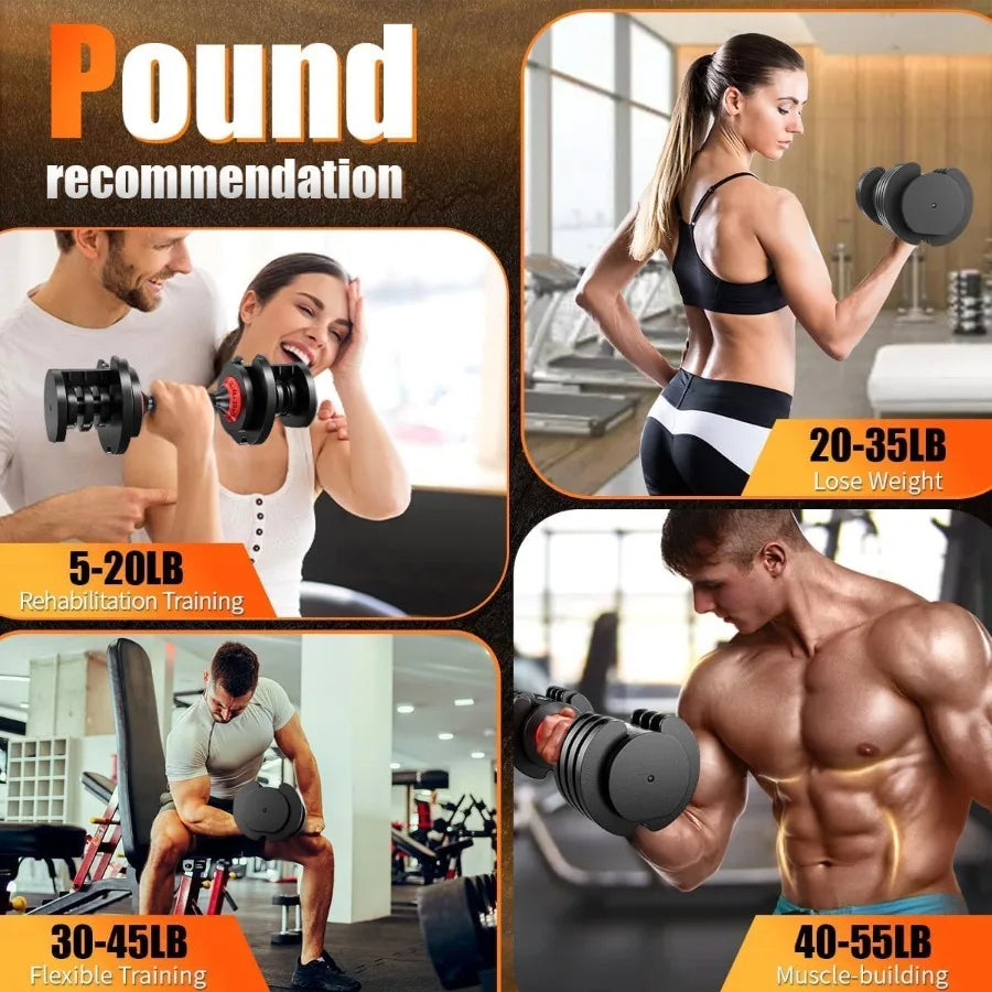 55 lbs Adjustable Dumbbell with Anti-Slip Turning Handle, Fast Adjust Weight for Men Women, Exercise Equipment with Tray for Ho