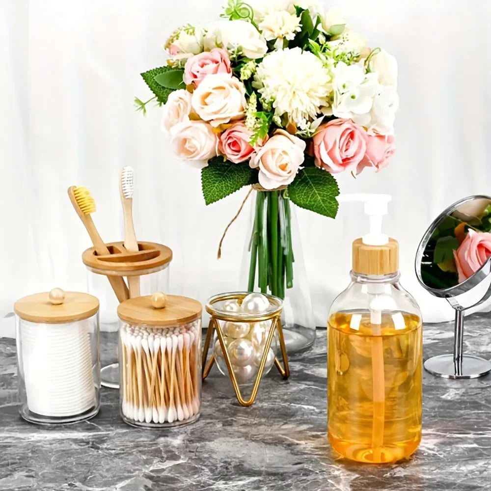 4pcs Bamboo Bathroom Accessories Set - Rustic Boho Decor, Soap Dispenser, Toothbrush Holder, 2 Cotton Swab Holder Jars Soap dish