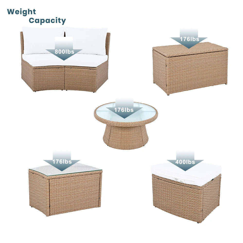 10-Piece Outdoor Sectional Half Round Patio Rattan Sofa Set, PE Wicker Conversation Furniture Set for Free Combination, White