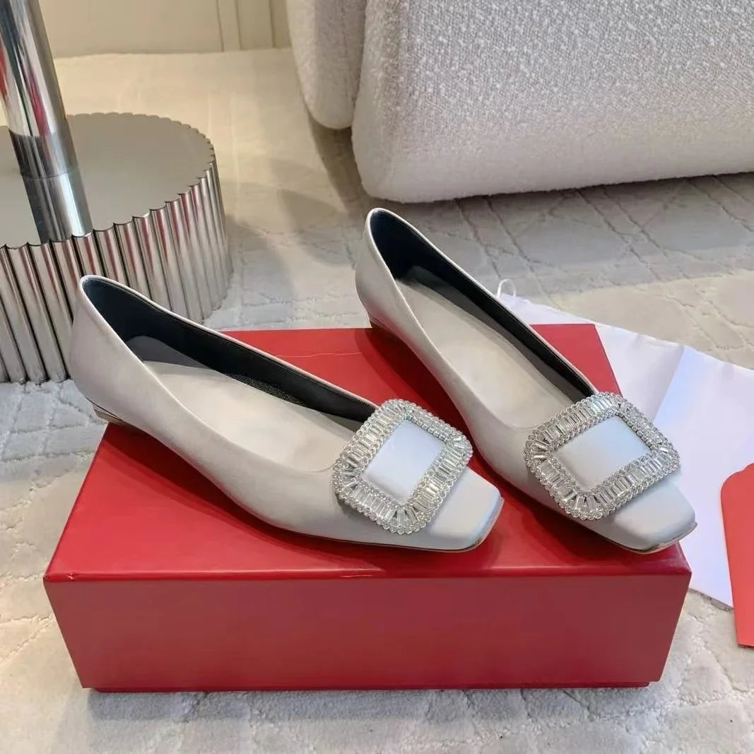 Classic Silk Square-Toe Shallow Woman Flats Square-Button Decora  Mouth Single Shoes Willow Fashion Females Banquet Flats
