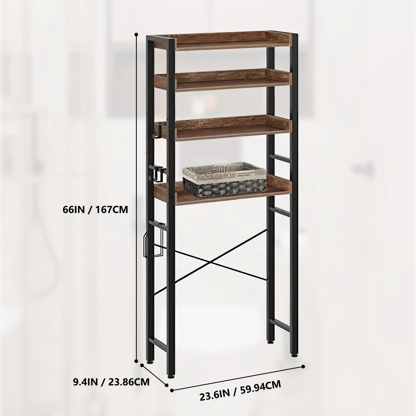 Over The Toilet Storage Rack 4-Tier Bathroom Organizer Freestanding Shelf Space Saver Toilet Stand Cabinet with 4 Hooks