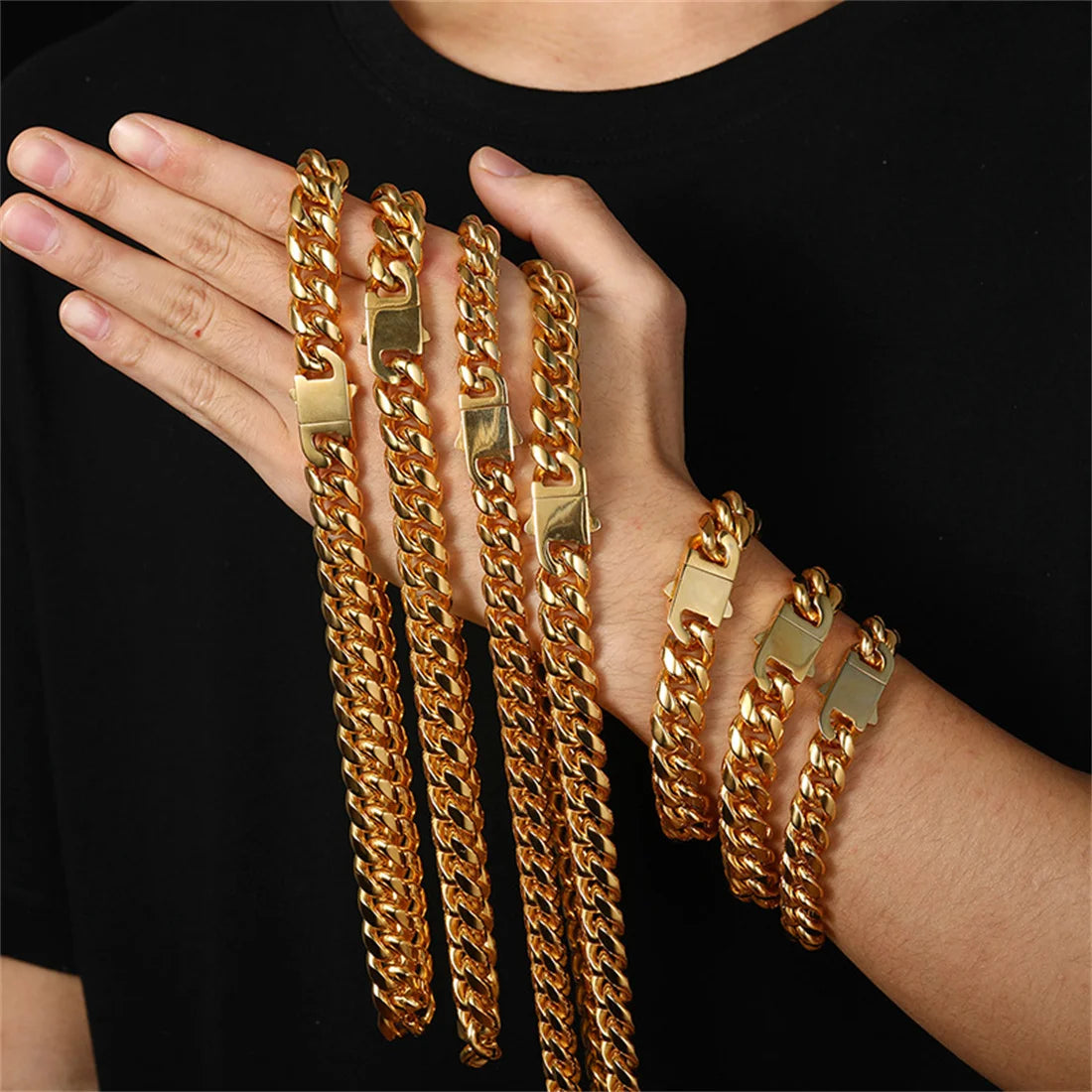 12/14mm Hip Hop Necklace 18K Gold Plated  316L Stainless Steel Cuban Link Chain Bracelet Jewelry For unisex Fashion Jewelry