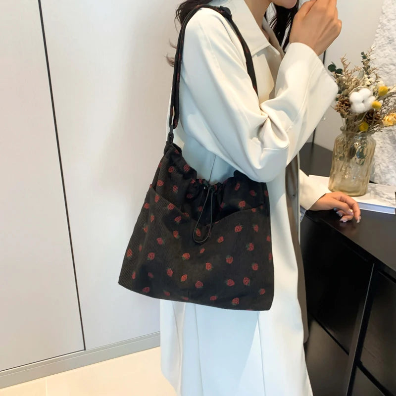 Women Corduroy Shoulder Bag Strawberry Handbag Adjustable Strap Multi-Pocket Work Shopping Bag