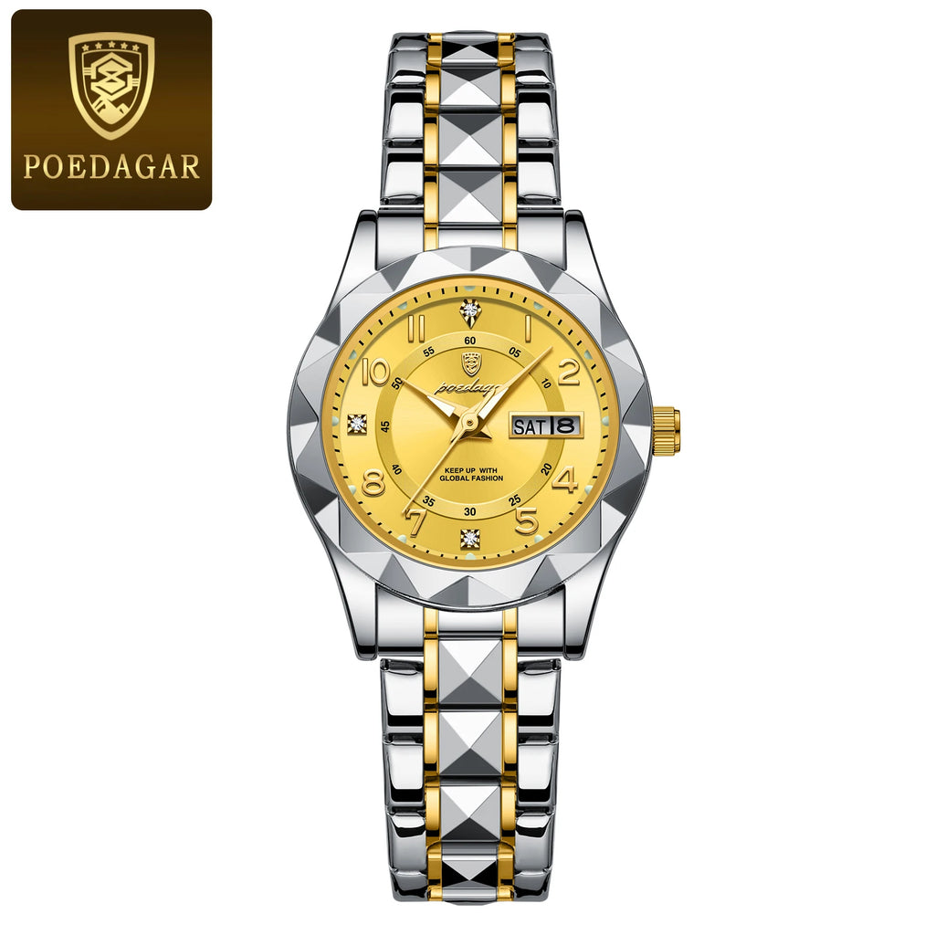 POEDAGAR Luxury Women's Watches Waterproof Luminous Date Week Ladies Watch for Female Quartz Stainless Steel Dress Women Watch