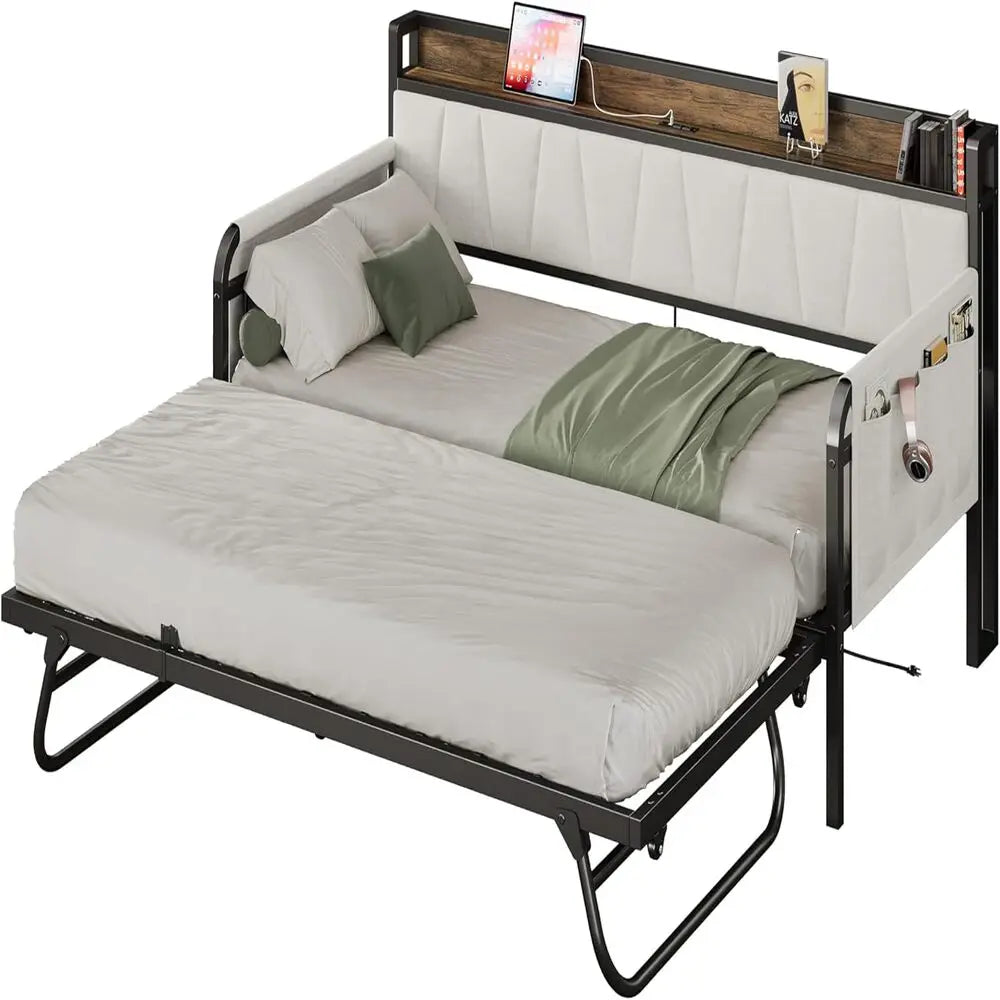 LIKIMIO Daybed with Trundle Bed, Bed Frame with Storage Headboard & USB Charging Station, Sofa Bed with Strong Support for Room