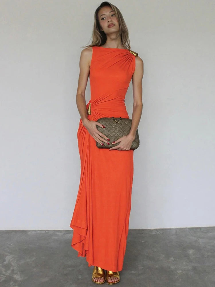 Weird Puss Classic Metal Ruched Women Dress Elegant Crew Neck Sleeveless Irregular Simple Summer Party Trend Stretch Vestidos