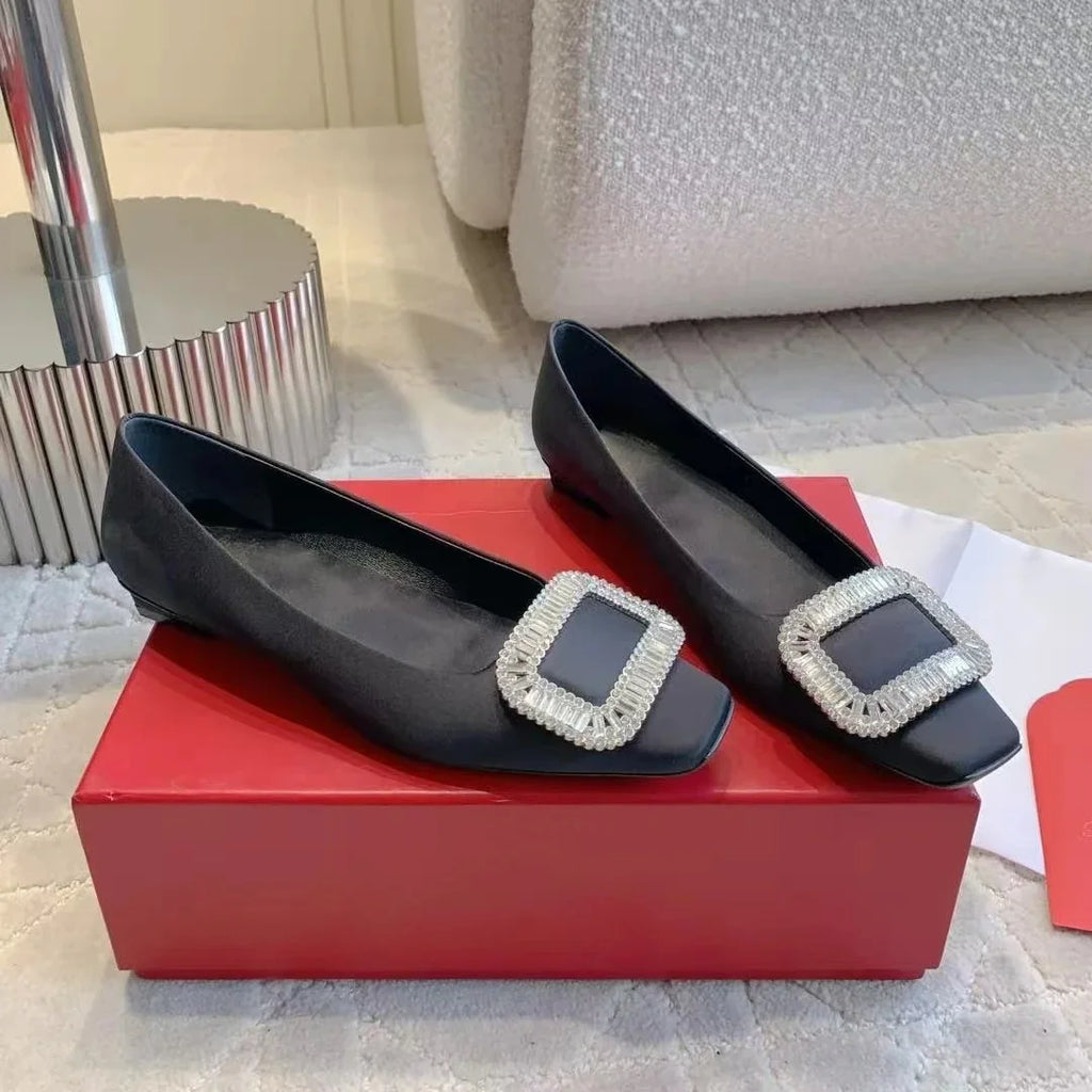 Classic Silk Square-Toe Shallow Woman Flats Square-Button Decora  Mouth Single Shoes Willow Fashion Females Banquet Flats