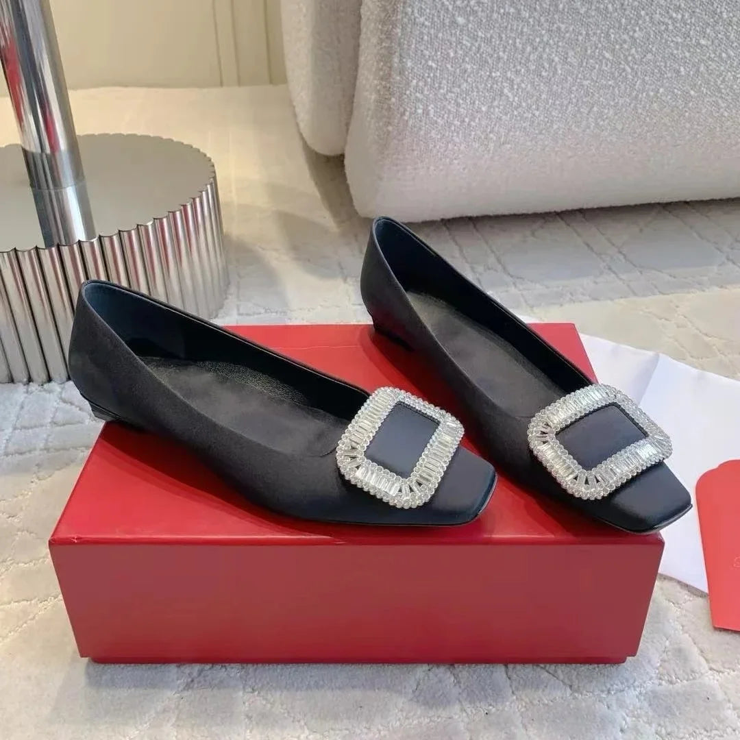 Classic Silk Square-Toe Shallow Woman Flats Square-Button Decora  Mouth Single Shoes Willow Fashion Females Banquet Flats