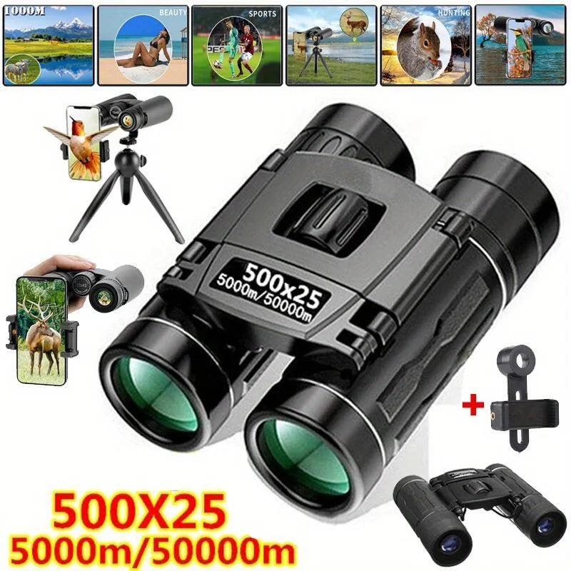 HD Powerful Binoculars, 500x25 5000M Long Range Folding Mini Telescope, for Hunting Sports Outdoor Camping Travel Outdoor Gifts