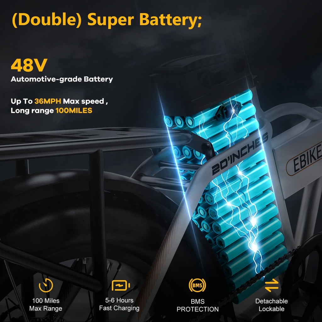 48V 20.8AH Removable Battery EBike,28+MPH,1000W Folding Electric Bike,80 Miles Max Range Electric Bike for Adults, 20" Fat Tire