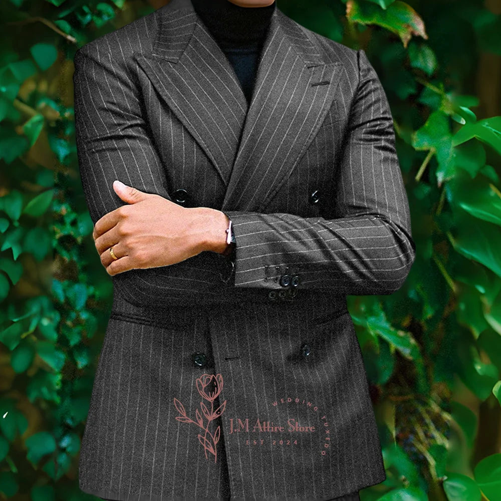 Men formal suit 2-piece set blue striped peak lapel double breasted jacket pants for wedding meeting dinner party custom tuxedo