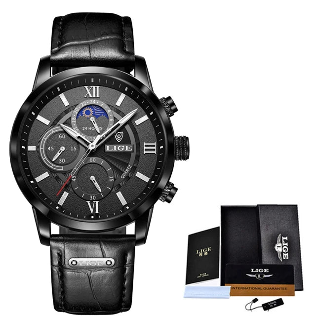 2025 New Mens Watches LIGE Top Brand Leather Chronograph Waterproof Sport Automatic Date Quartz Watch For Men Relogio Masculino
