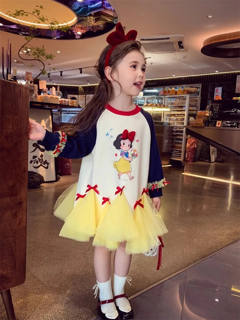 Girl's Fall/Winter Sweatshirt Long Sleeve Princess Elsa Snow White Cartoon Print Tulle Skirt Casual Hoodie Dress 2-12 Years Old