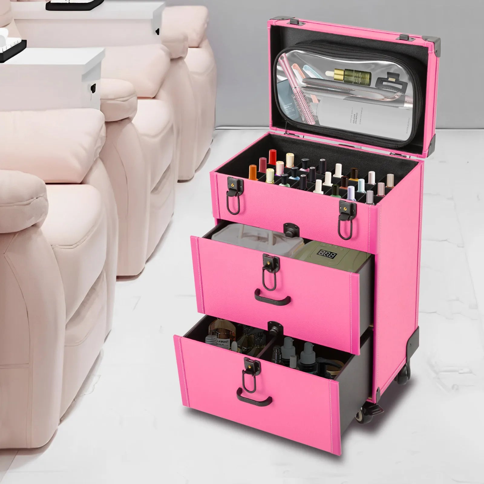 Rolling Makeup Case Large Storage Cosmetic Trolley with Swivel Wheels & 4 Locks 3 Layer Rolling Makeup Case Cosmetic Storage