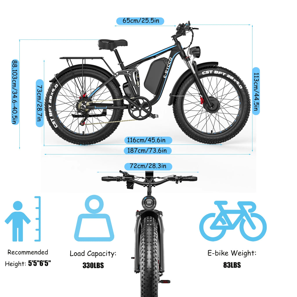 E-BYCCO  5000W Peak/4000W Dual Motor Electric Bike , Up to 45MPH Speed E-Bike,100-Mile Range, IP65 Waterproof, 52V 32Ah Remova