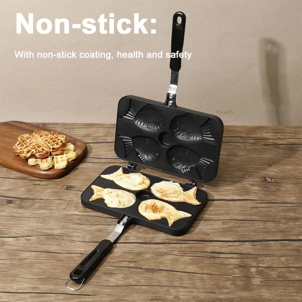 Kitchen Japanese Taiyaki Double Fish Shaped Hot Dessert Waffle Cake Maker Pan Japanese Pancake Double Pan Fry Pan Waffle Molds