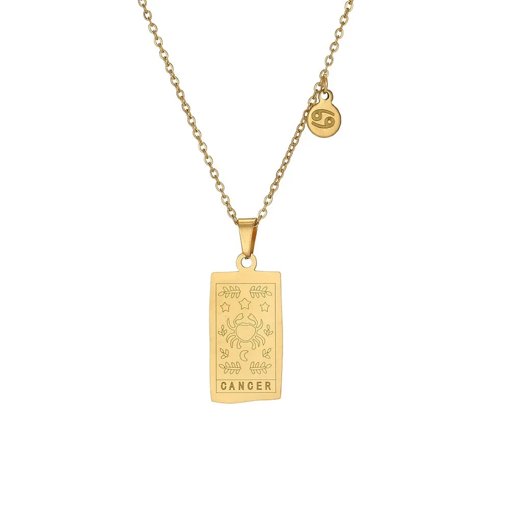 Stainless Steel Square Tarot Card Pendant Women Necklace Twelve Constellations Gold-Plated Clavicle Chain Horoscope Gifts