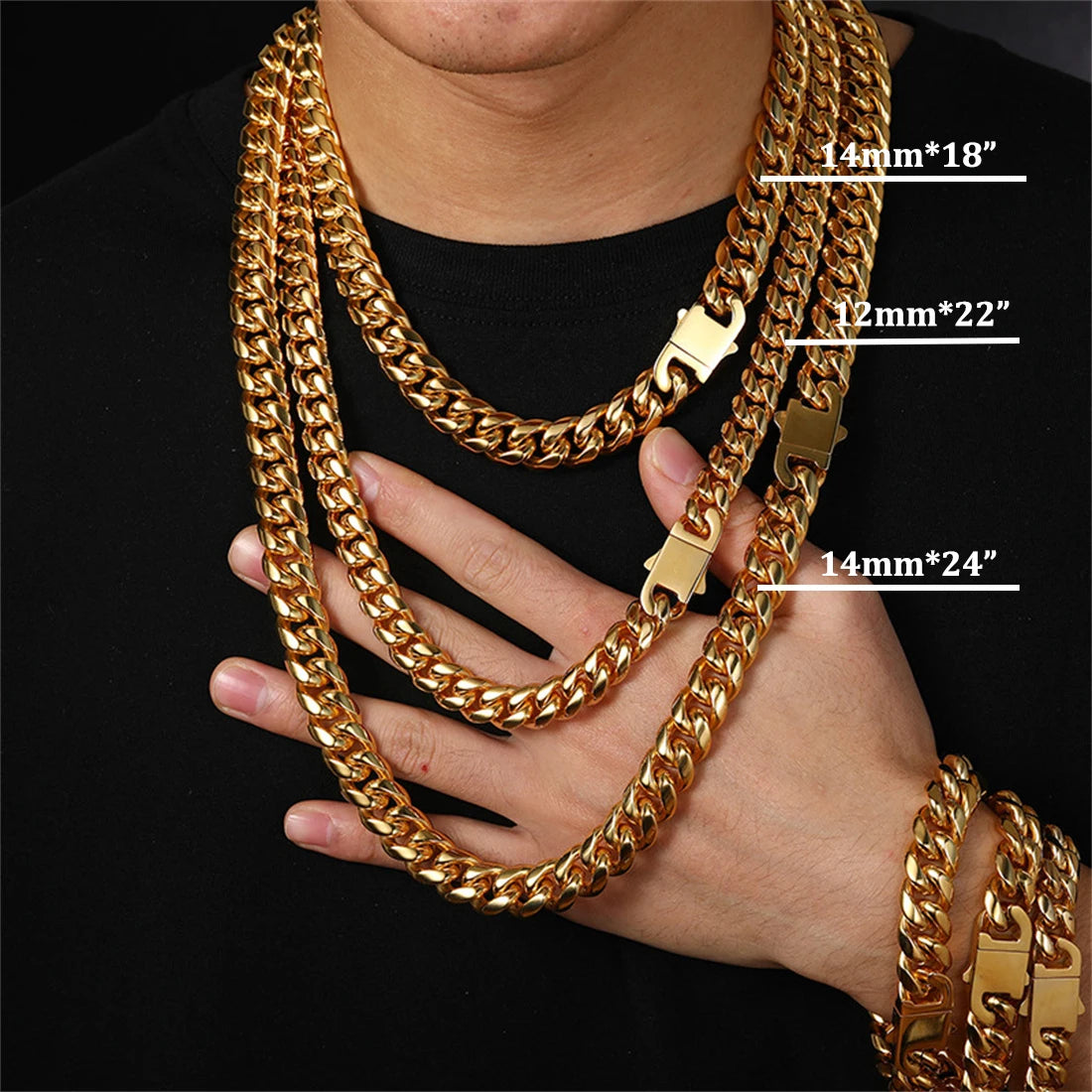 12/14mm Hip Hop Necklace 18K Gold Plated  316L Stainless Steel Cuban Link Chain Bracelet Jewelry For unisex Fashion Jewelry