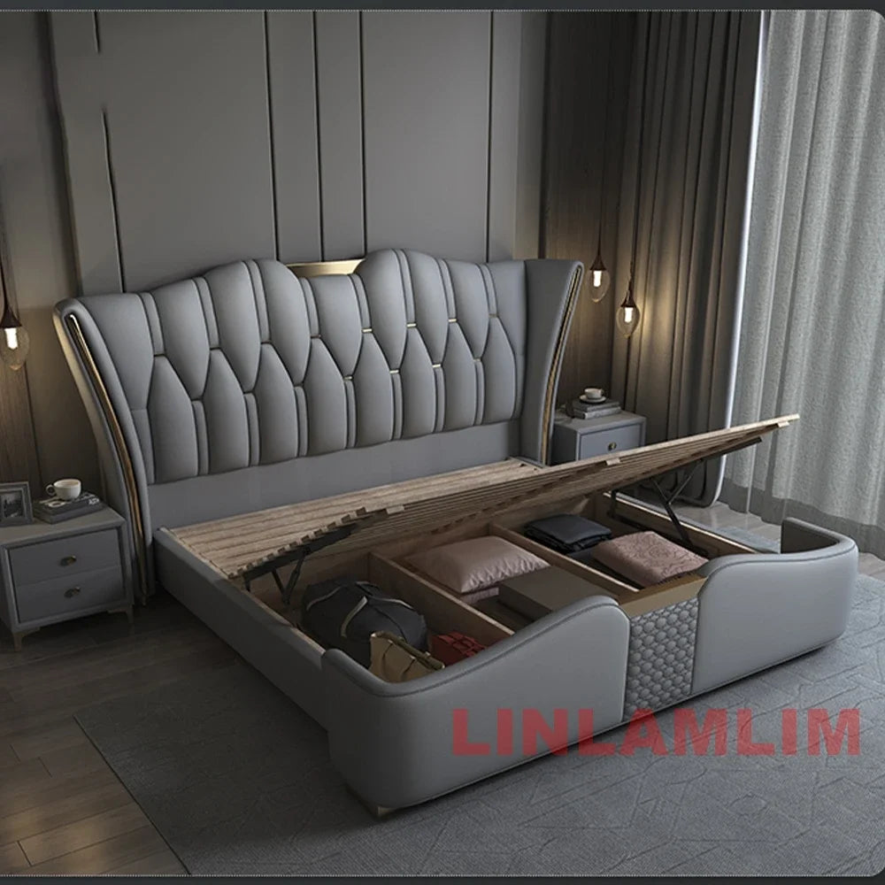 Linlamlim Luxury Modern Upholstered Bed Frame with Gold Accents, Genuine Leather Designer Bed, Queen/King Size Bedroom Furniture