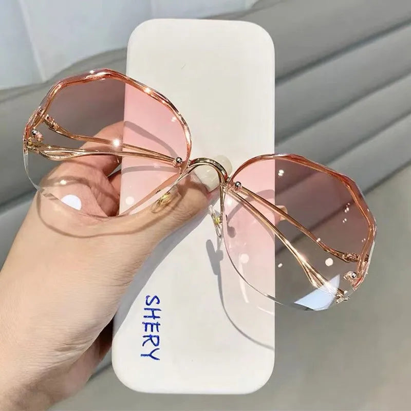 Irregular Round Sunglases Women Brand Designer Gradient Fashion Sun Glasses Female Rimless Metal Curved Temples Oculos De Sol