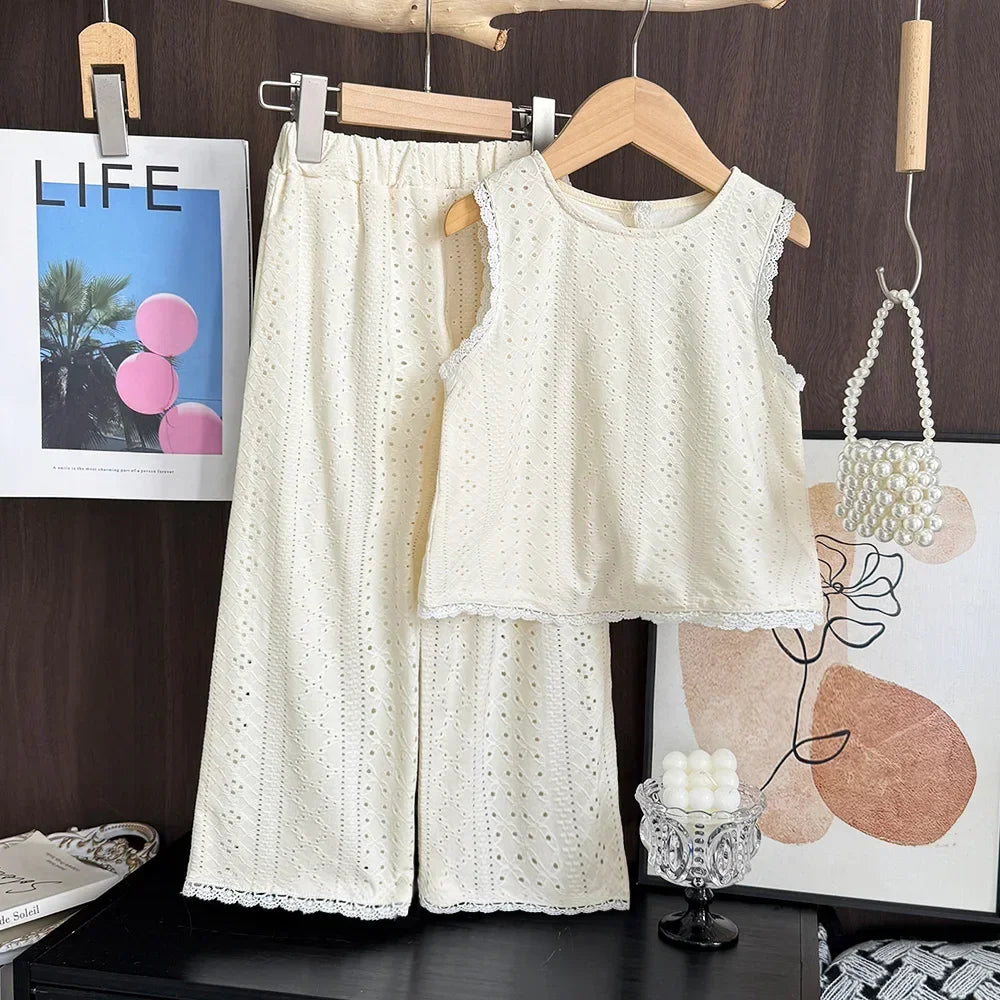 Girls White Suit Bow Decorative Ruffled Sleeveless Top + Pants Two-piece Set Sweet Children's Clothing 3-7 Years Old Kids Wear
