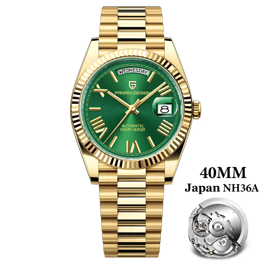 PAGANI DESIGN 2025 New Gold Green 40MM Date Week Men's Watches Automatic Watch Men AR Sapphire Glass NH36A Mechanical Wristwatch