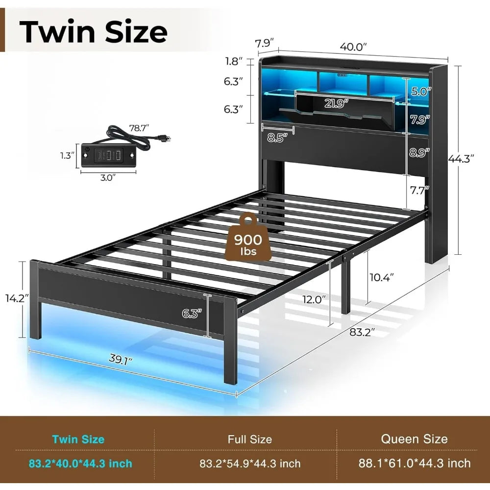 rolanstar twin bed frame with headboard, led bed with bookcase storage and charging station, metal platform bed with glass shelv