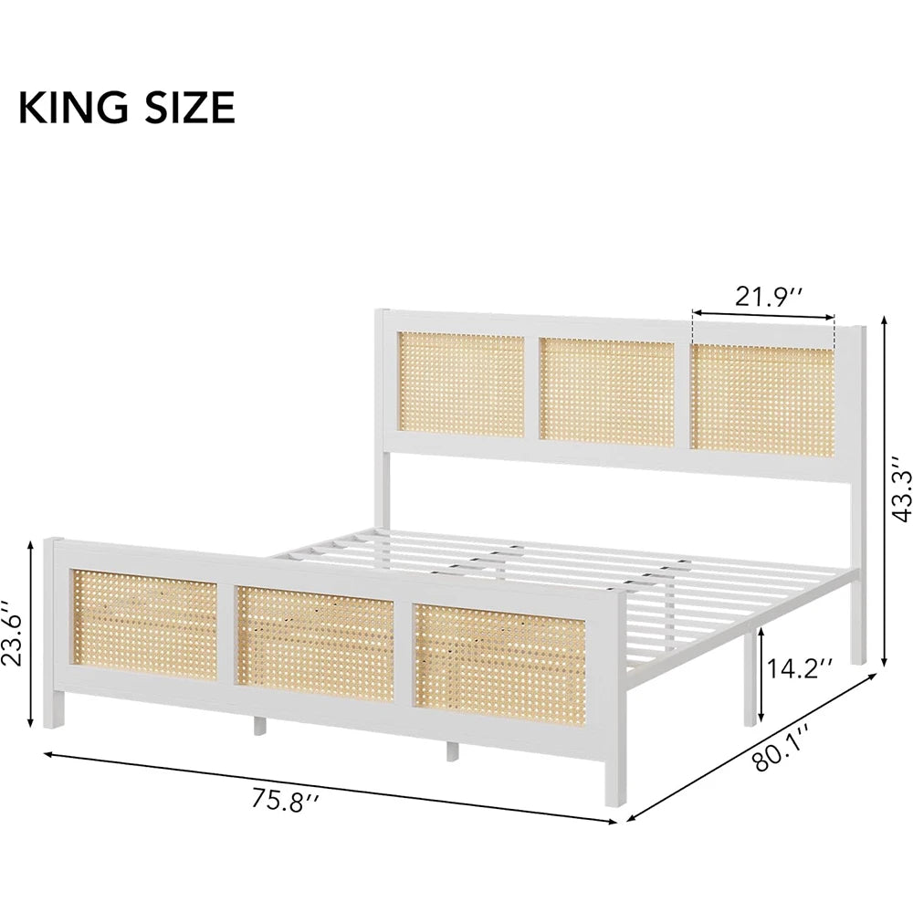 Living Room Bed Frame with Headboard, White Boho Cane Platform Bed Frame with Strong Metal Slat Noise Free No Box Spring Needed