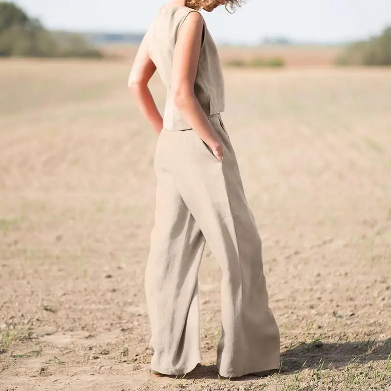 Women's Suit 2025 Women's Solid Color Retro Pants Suit Cotton and Linen Casual Long Sleeve Loose Cotton Suit 2 Piece Set