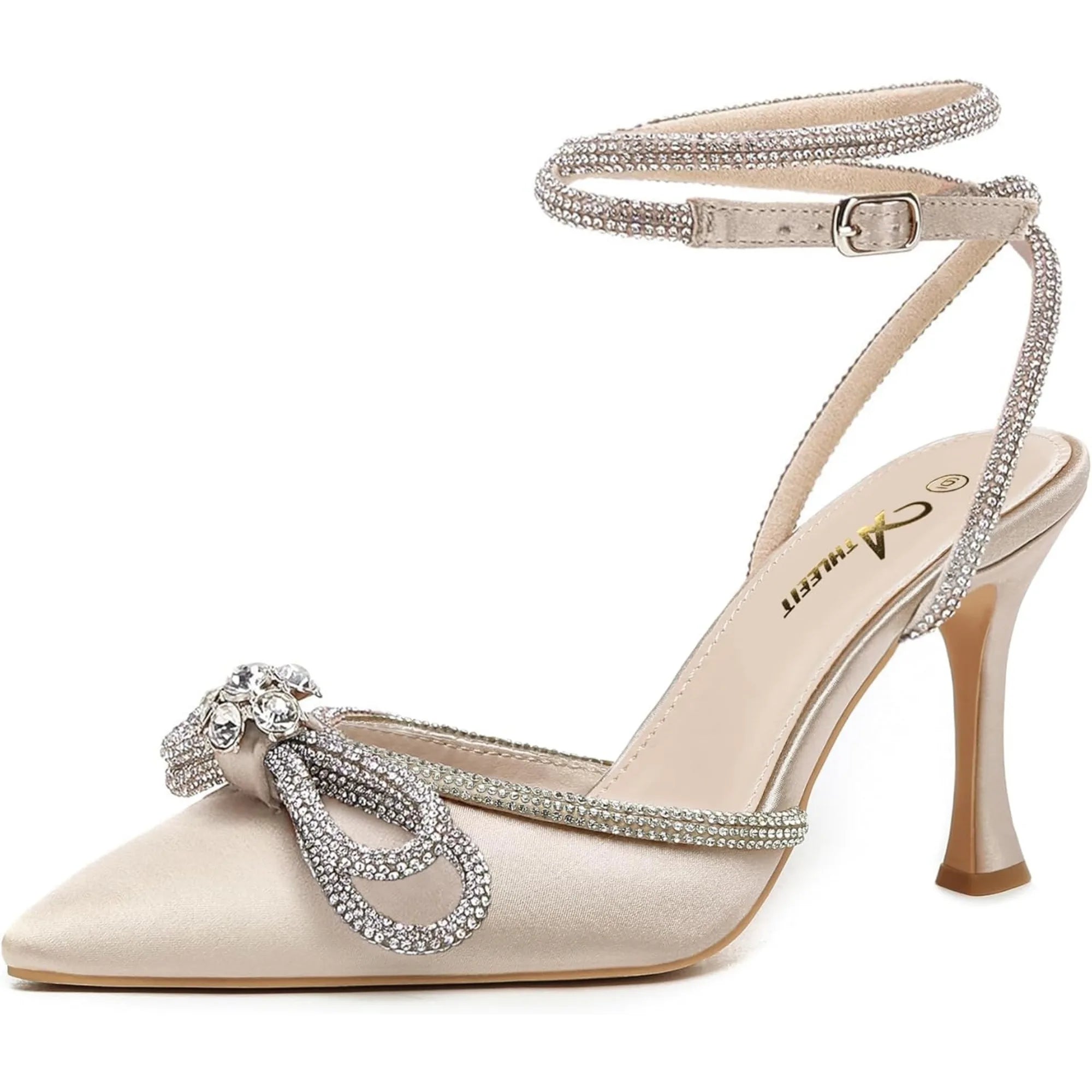 Women's Rhinestone Bow Heels Ankle Strap Pointed Toe Stiletto Heeled Sandals Wedding Bridal Dress Pumps Shoes