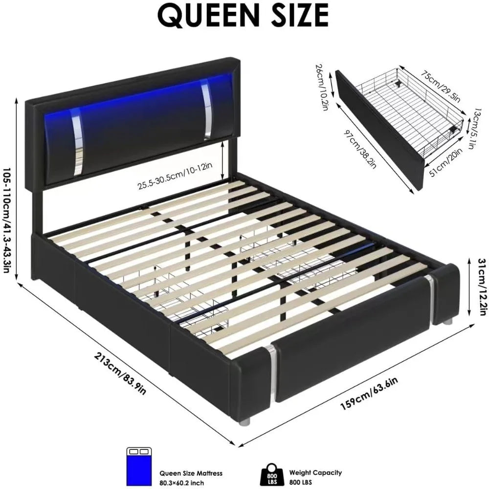 Keyluv Queen Bed Frame with RGB LED Lights Headboard & 2 Storage Drawers, Modern Upholstered Faux Leather Platform Bed with Iron