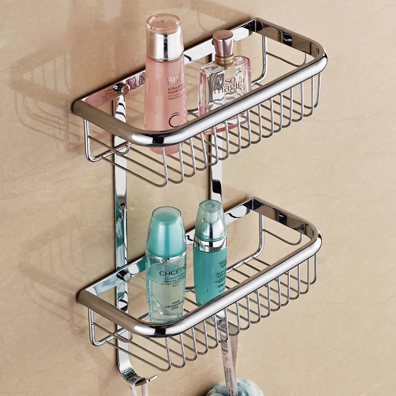BAKALA Brass Bathroom Shelves With Robe Hook 2-Tier Bathroom Storage Basket Wall Mount Bathroom Shelf BR-6