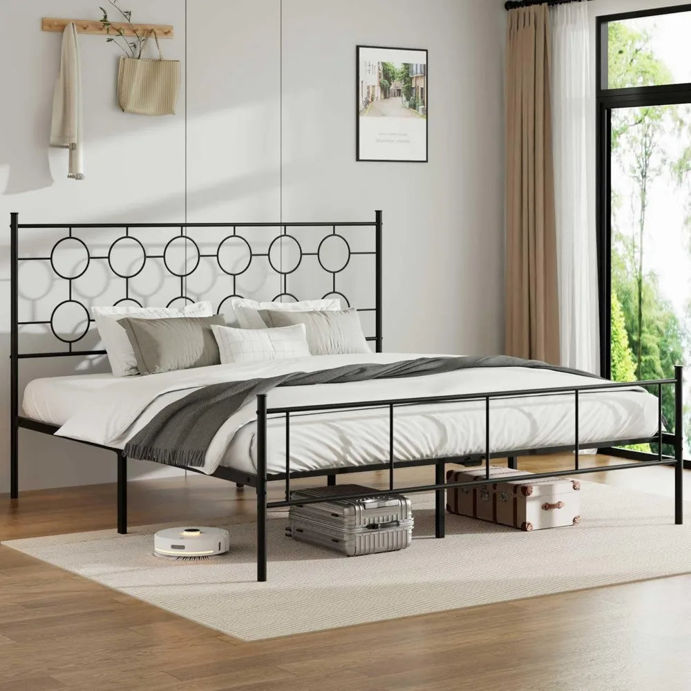 Victorian-Style Metal Platform Bed Frame with Headboard, Footboard, and 12-Inch Storage Space