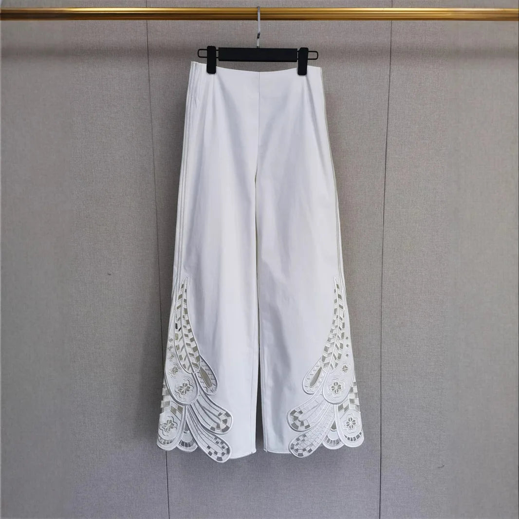 Women's elegant two-piece suit vintage hollow embroidered vest or slim trousers