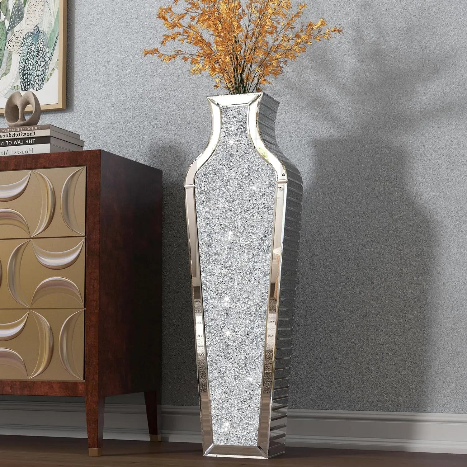 2 Shapes 68CM Crushed Diamond Decorative Mirrored Floor Vase Crystal Silver Glass Flower Vase for Pampas Grass Artificial Flower