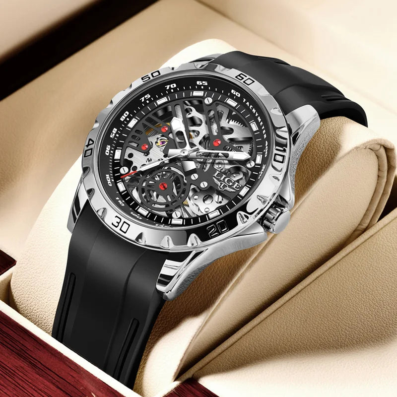 2025 New LIGE Top Brand Luxury Hollow Waterproof Tourbillon Mechanical Automatic Watch Men Silicone Skeleton Mens Watches + Box
