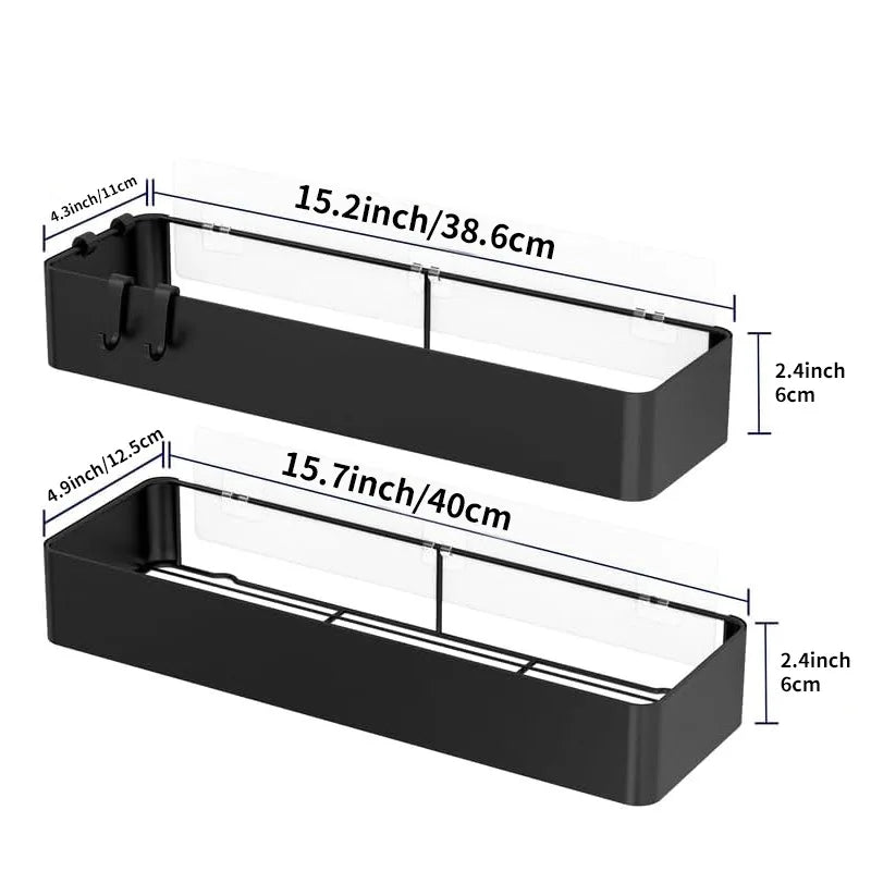 2 Packs Black Shower Storage Rack Wall Mount Bathroom Organizer Shelf With Hooks Kitchen Decoration Shelves On Wall