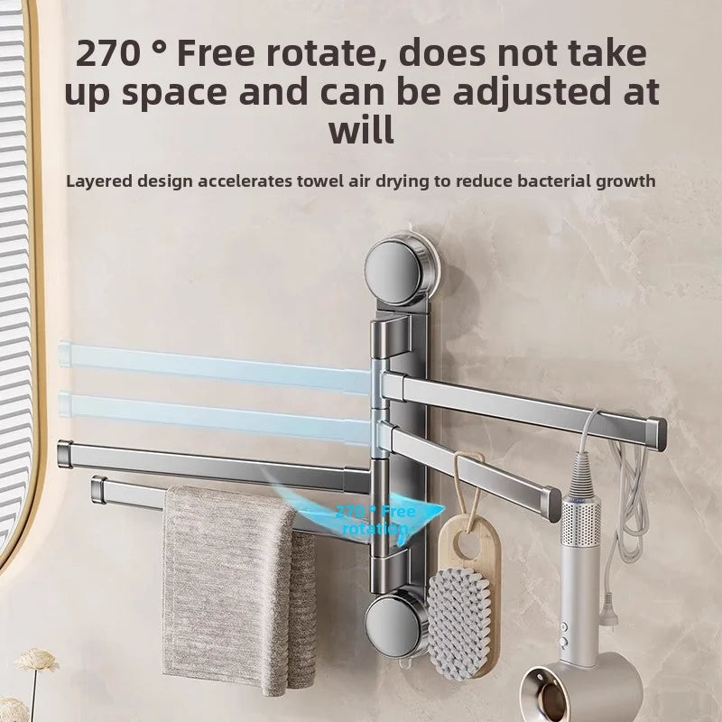 Suction cup no-punch bathroom rotating towel rack bathroom multi-rod drying rack towel bar on wall
