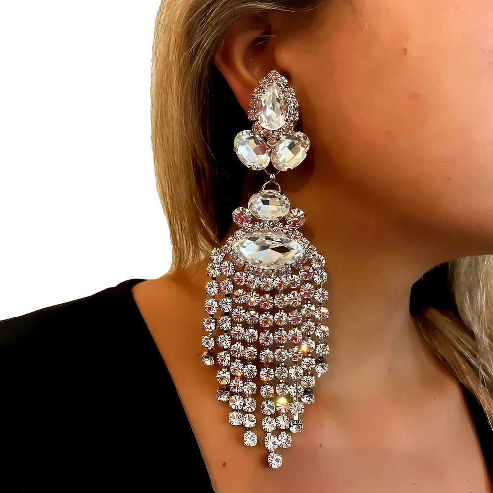 Stonefans Rhinestone Tassel Dangle Earrings Rhinestone for Women Wedding Gift 2023 Luxury Exaggerate Ear Accessories Jewelry
