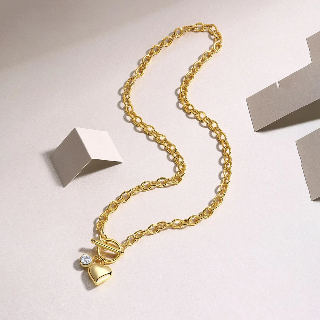 JIUZUAN Heart Pendant Chain Necklace 18K Gold Plated 925 Silver Toggle Clasp Design for Women Gift Comes with GRA Certificate