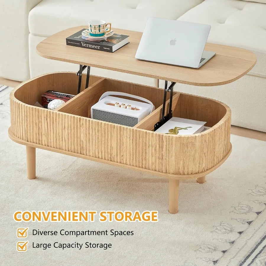 Fluted Lift Top Coffee Table with Hidden Compartment Fully Assembled Wooden Center Table Modern Oval Lift Tabletop for Home Liv