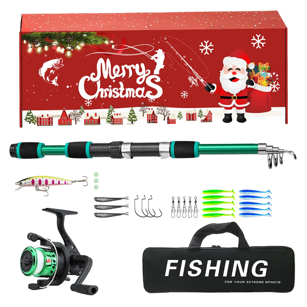 Fishing Pole Set Full Kits with Telescopic Fishing Rod and Spinning Reel Fishing Lures Hooks Travel Pole Set Xmas Gifts for Men