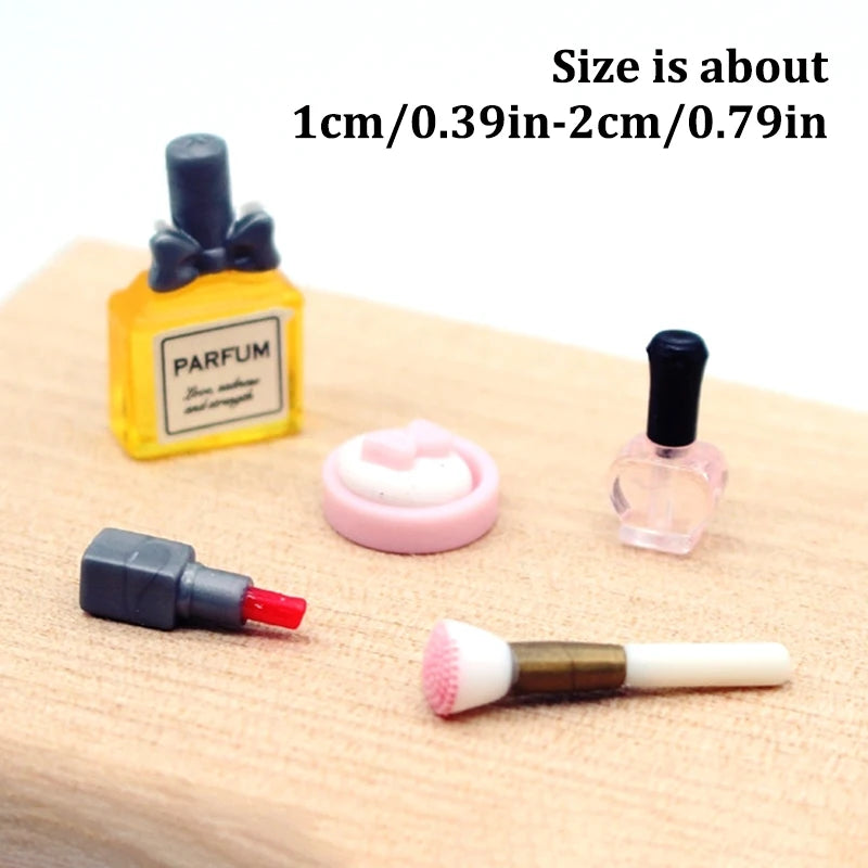 1Set 1:12 Dollhouse Miniature Cosmetic Lipstick Pressed Powder Perfume Makeup Brush Model For Doll Makeup Decor Accessories Toys