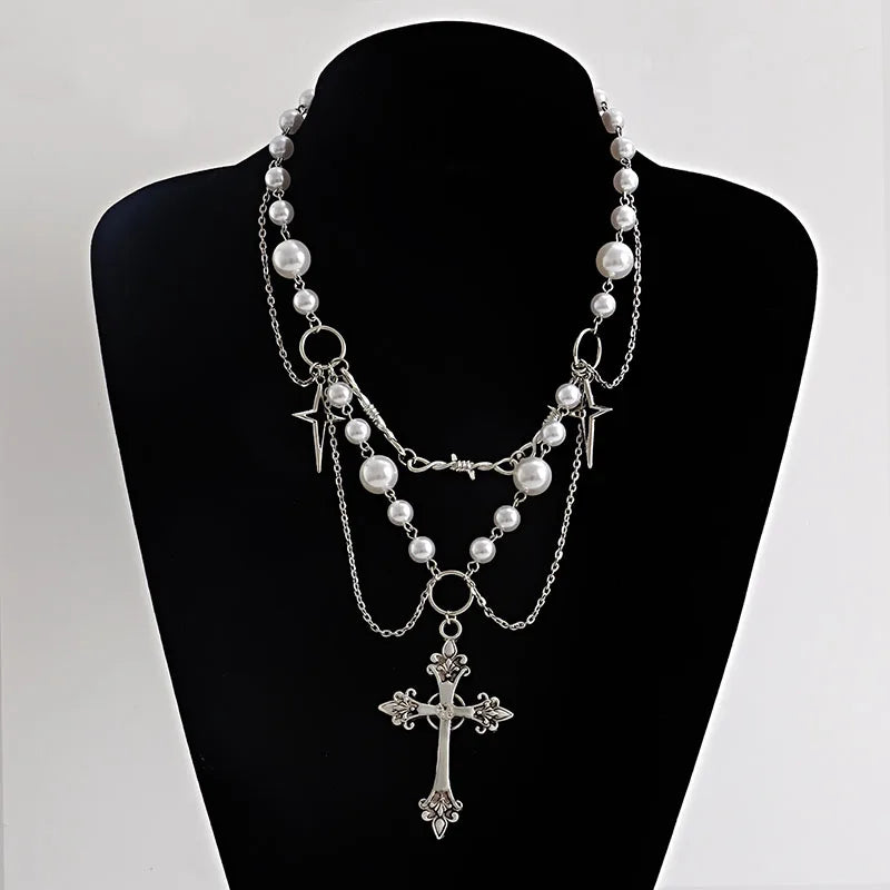Vintage Gothic Cross Rosary Necklaces Women Punk Layered Chain Charm Handmade Sacred Pearl Beaded Choker Necklace Girl Gifts
