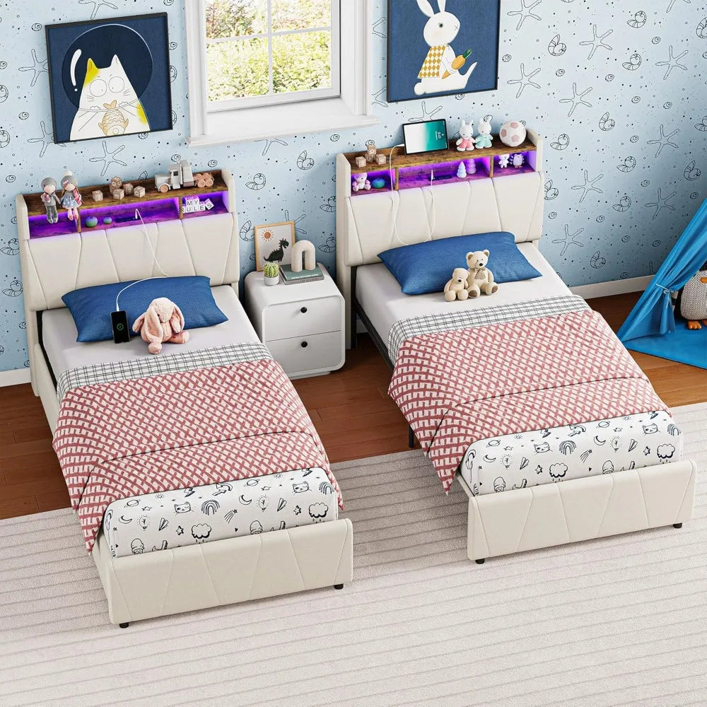 LED Twin Size Bed Frame with 2 Storage Drawers, Charging Station & LED Lights, No Box Spring Needed, Easy Assembly, Bed Frame