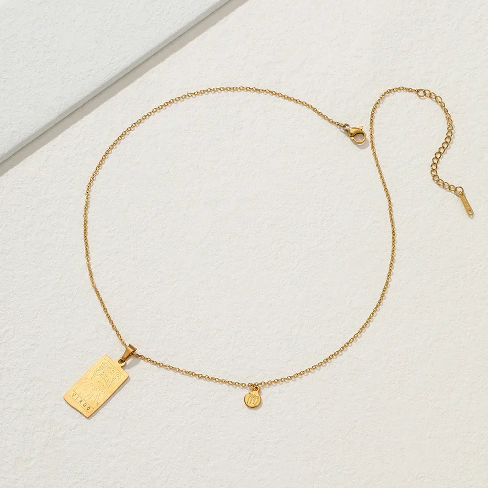 Stainless Steel Square Tarot Card Pendant Women Necklace Twelve Constellations Gold-Plated Clavicle Chain Horoscope Gifts