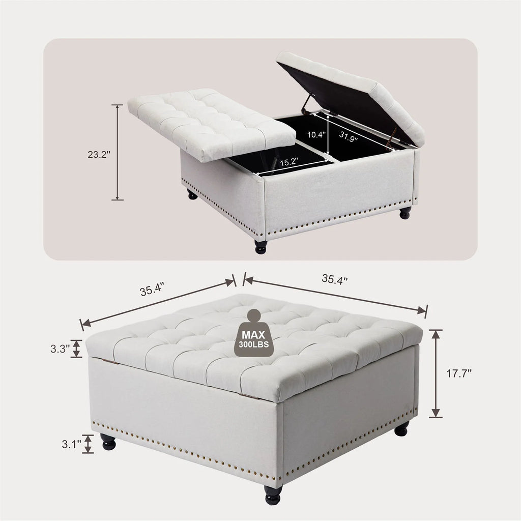 REDLIFE 35" Large Square Storage Ottoman Bench, Upholstered Coffee Table ,Lift Top Storage Ottoman Tufted Fabric for Living Room